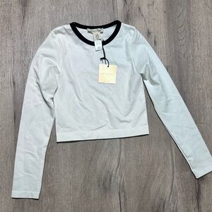 New White Long Sleeve Happily Grey Crop Top Small Stretchy Stretch Body Con Fall